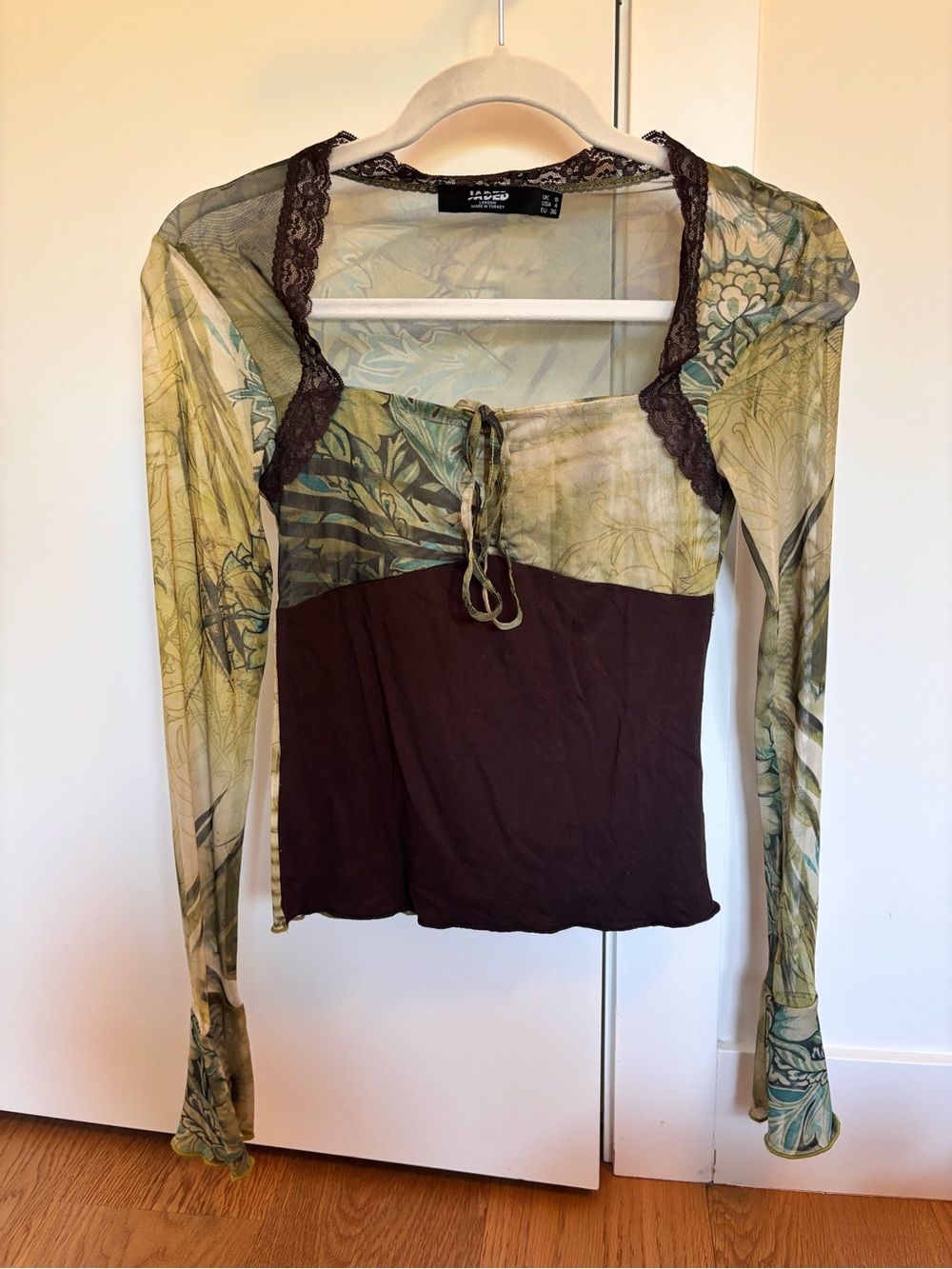 Jaded London Green & Brown Long Sleeve Lace-Trim Layered Top